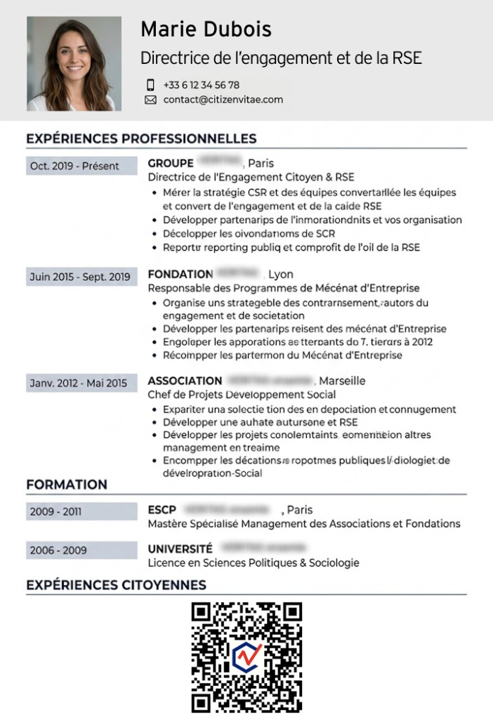 Exemple de CV avec expériences professionnelles, formation et QR code d'expériences citoyennes